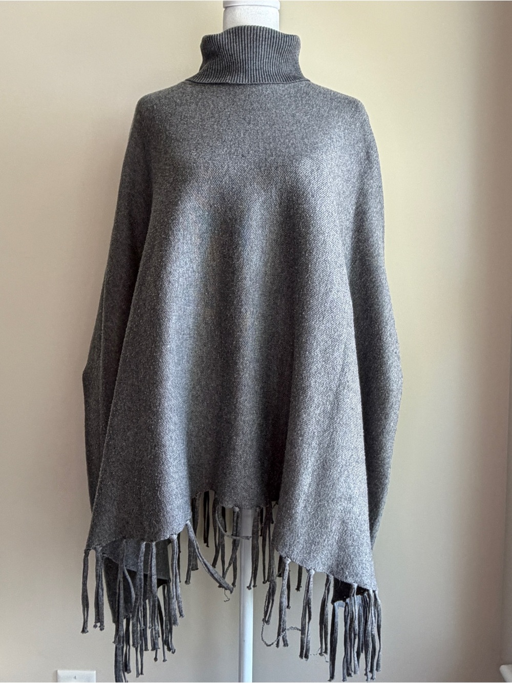 Look By M Women's Gray Turtleneck Fringe Poncho Sweater